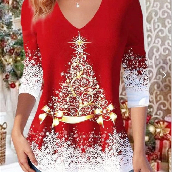 Christmas Fashion Top – Loose V-Neck Pullover with Festive Print