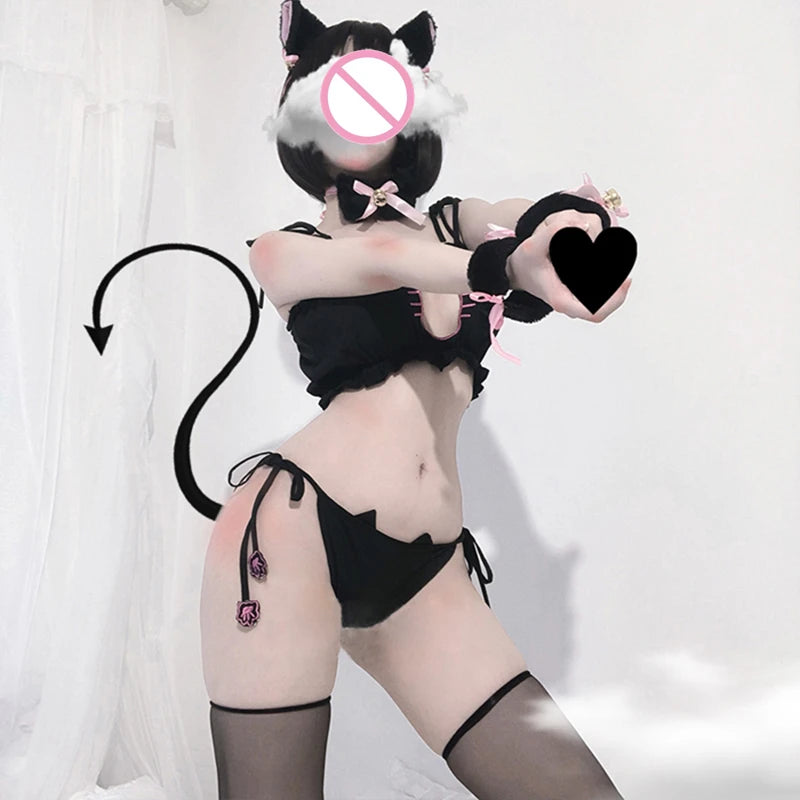 Cat Cosplay Uniform – Exotic Three-Point Lingerie Set with Hollow Out Strap