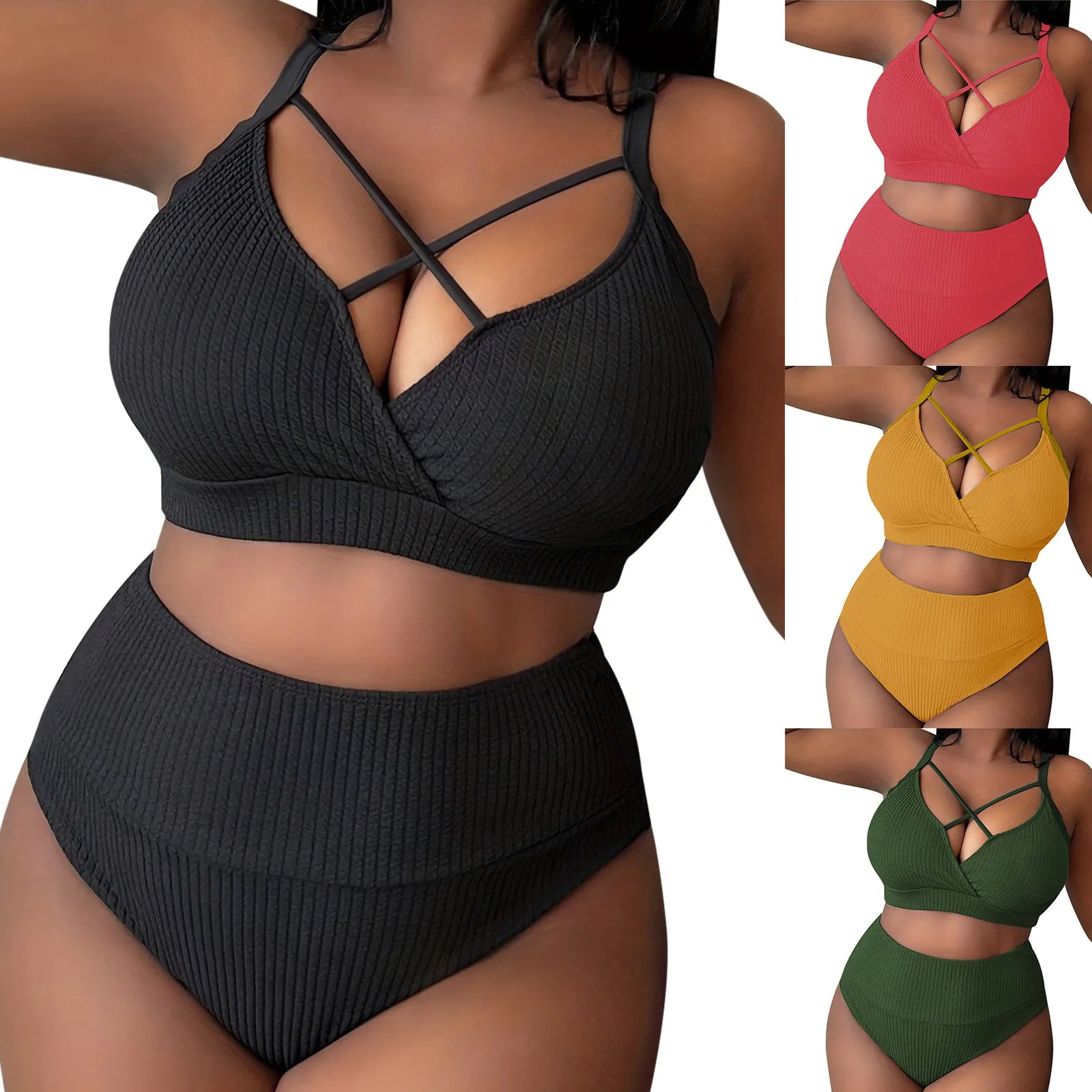 Solid Color High Waisted 2 Piece Women'S Swimsuit Bikini