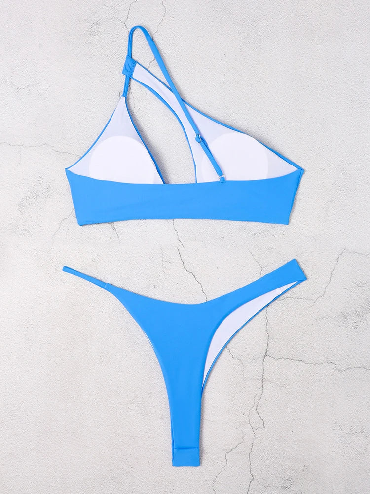 Women's One-Shoulder Blue Bikini – Stylish Summer Thong Beachwear