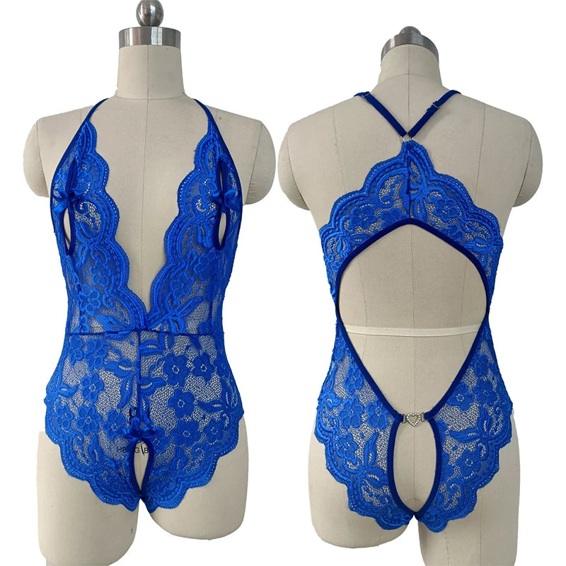 Crotchless Blue Lace Bodysuit – Deep V Open Bra Lingerie Set