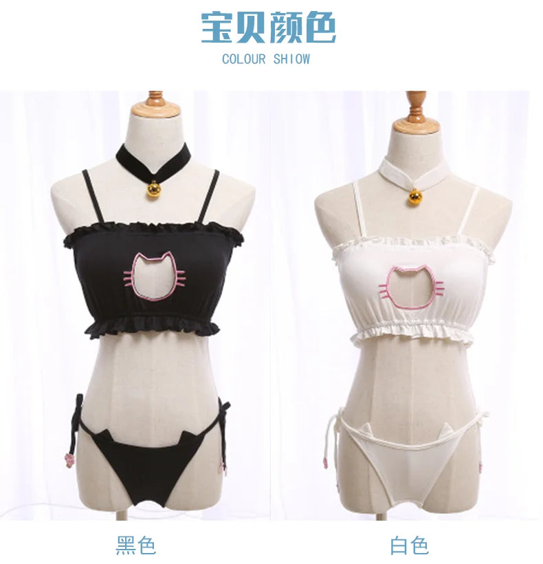 Cat Cosplay Uniform – Exotic Three-Point Lingerie Set with Hollow Out Strap