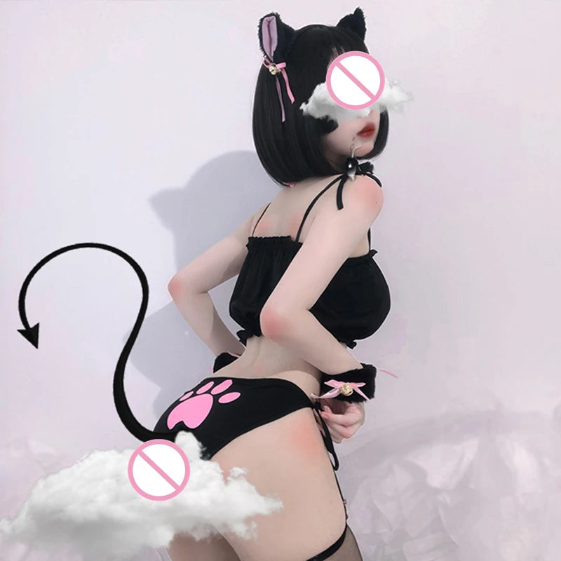 Cat Cosplay Uniform – Exotic Three-Point Lingerie Set with Hollow Out Strap