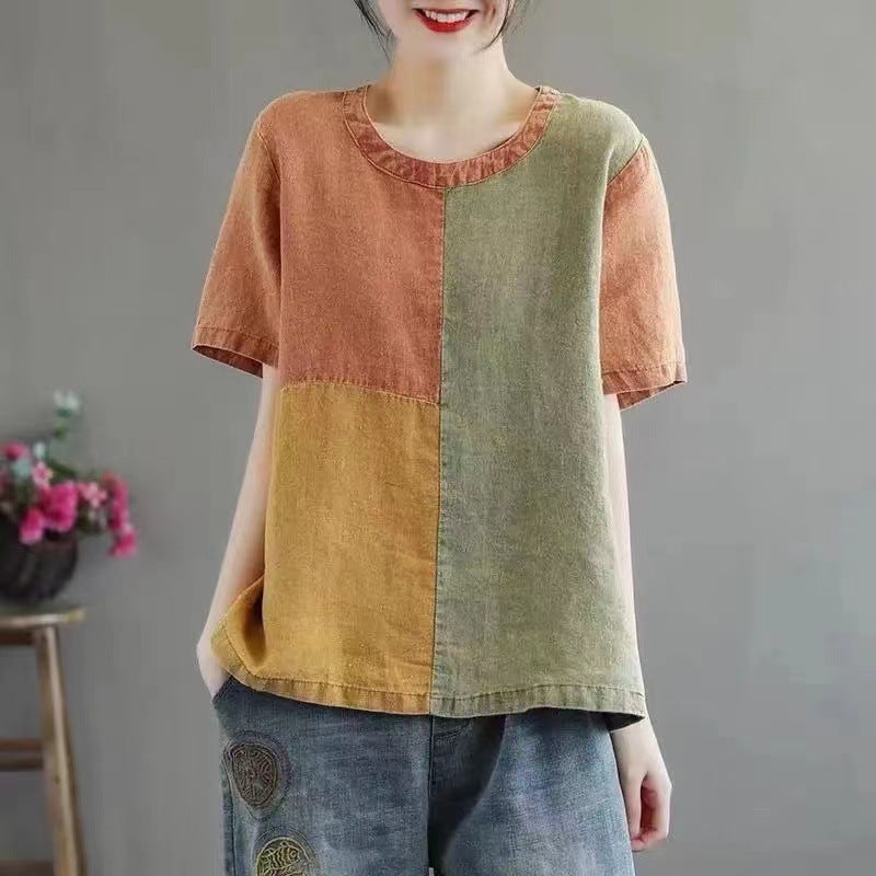 Women’s Contrast Color T-Shirt – Cotton Linen with Half Sleeves