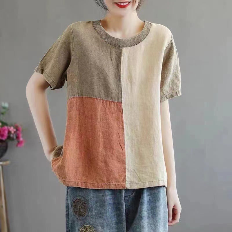 Women’s Contrast Color T-Shirt – Cotton Linen with Half Sleeves