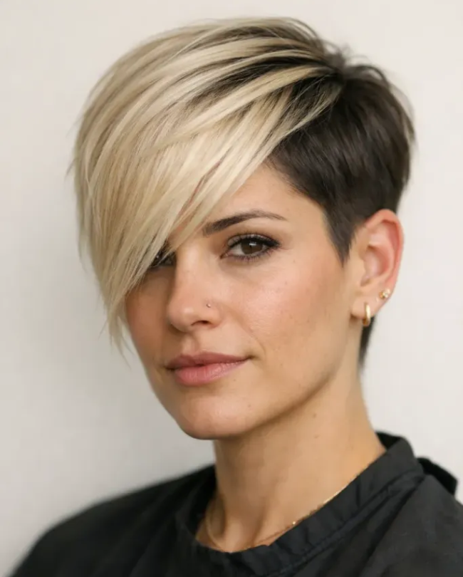 Blonde Undercut Pixie with Sweeping Side Fringe