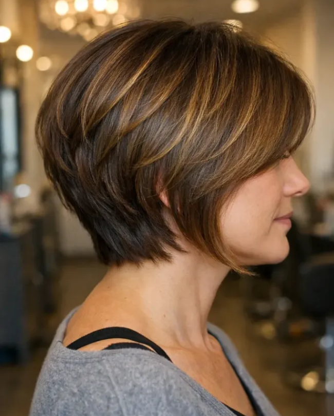 Caramel Highlighted Layered Bob with Rounded Volume