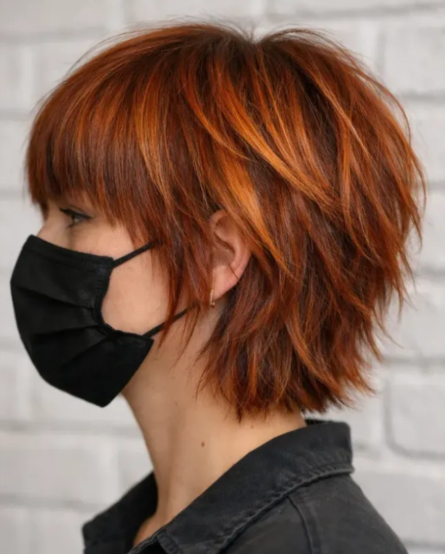 Copper Red Shaggy Layered Bob with Fringe