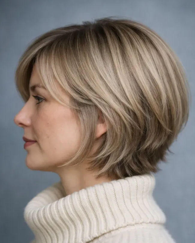 Feathered Beige Blonde Layered Bob