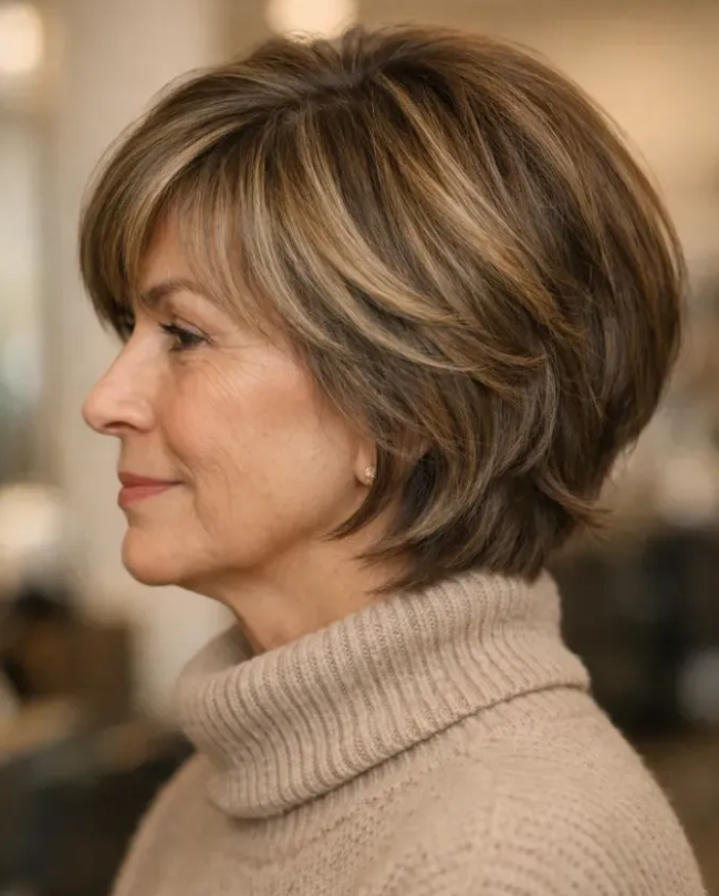 Feathered Layered Brunette Bob with Beige Highlights