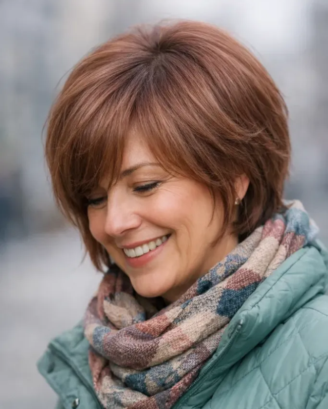 Rose Brown Layered Bob with Long Side Fringe