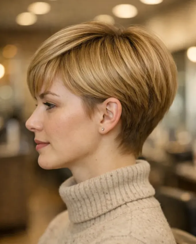 Short Blonde Layered Pixie Bob with Tapered Nape