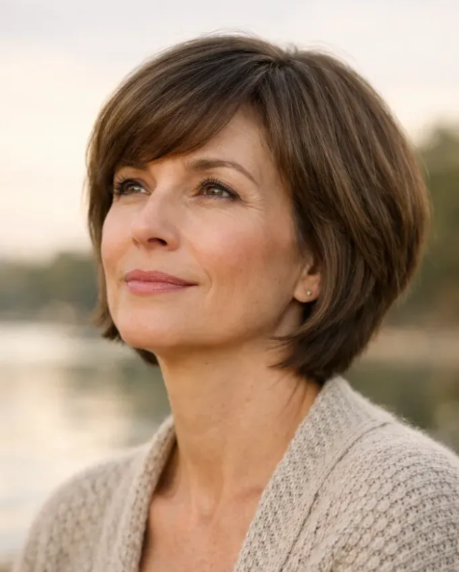 Sleek Brunette Layered Bob with Side-Swept Fringe