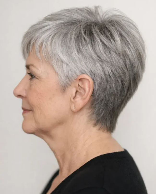 Soft Silver Layered Pixie for Mature Hair